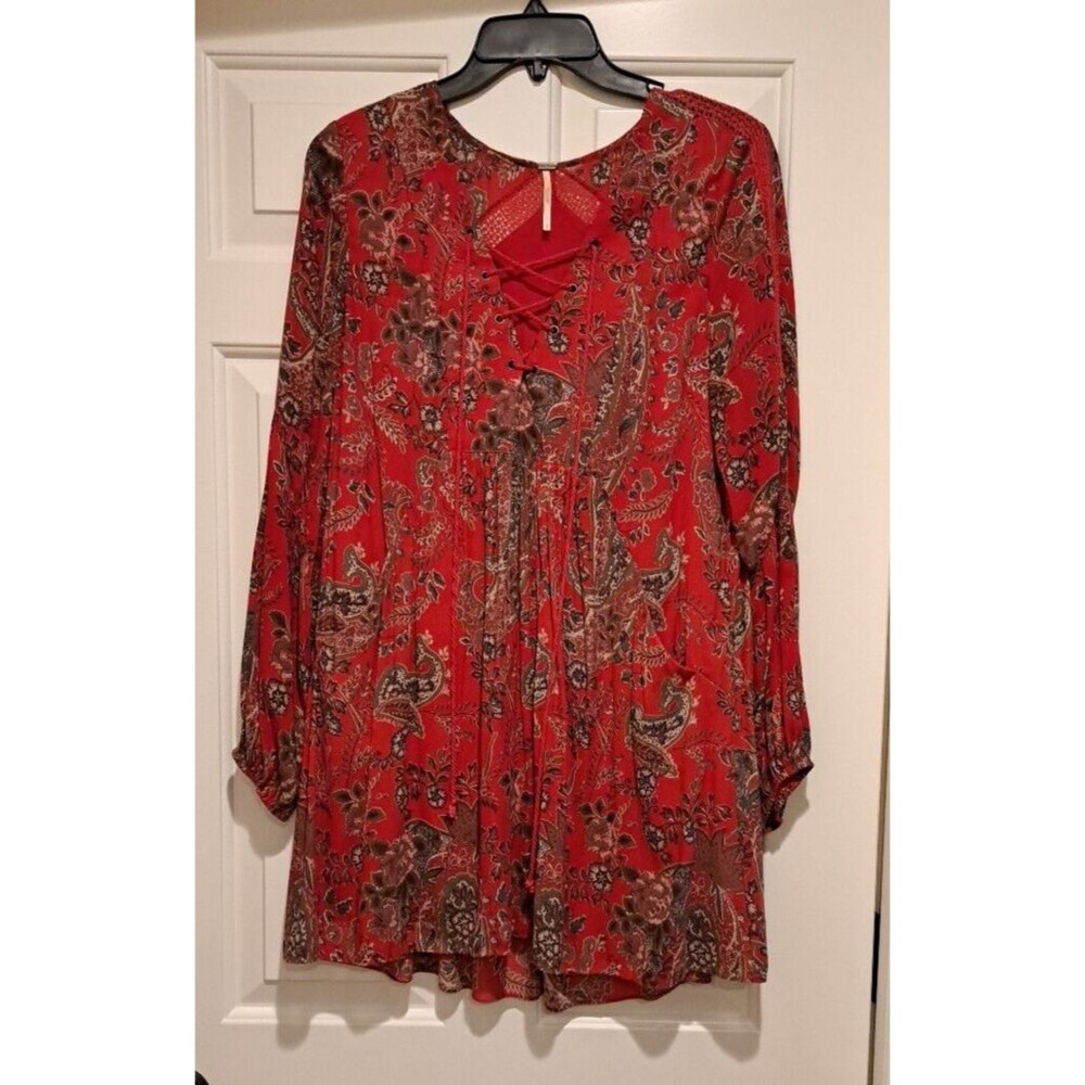 Free People Rain Or Shine Long Sleeve Mini Dress Red Poppy Combo Size Small
